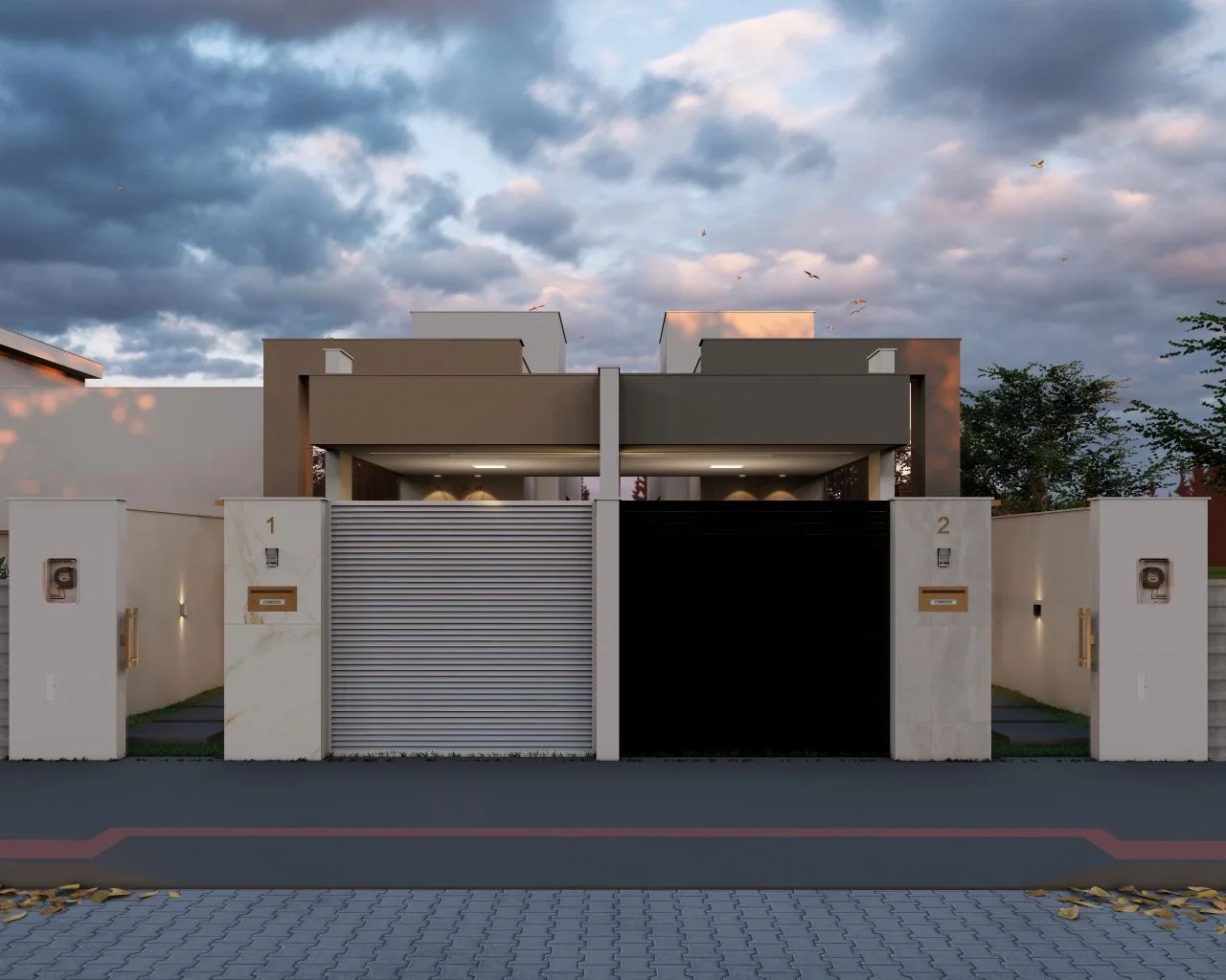 Duas casas geminadas com portões independentes e muro em porcelanato claro