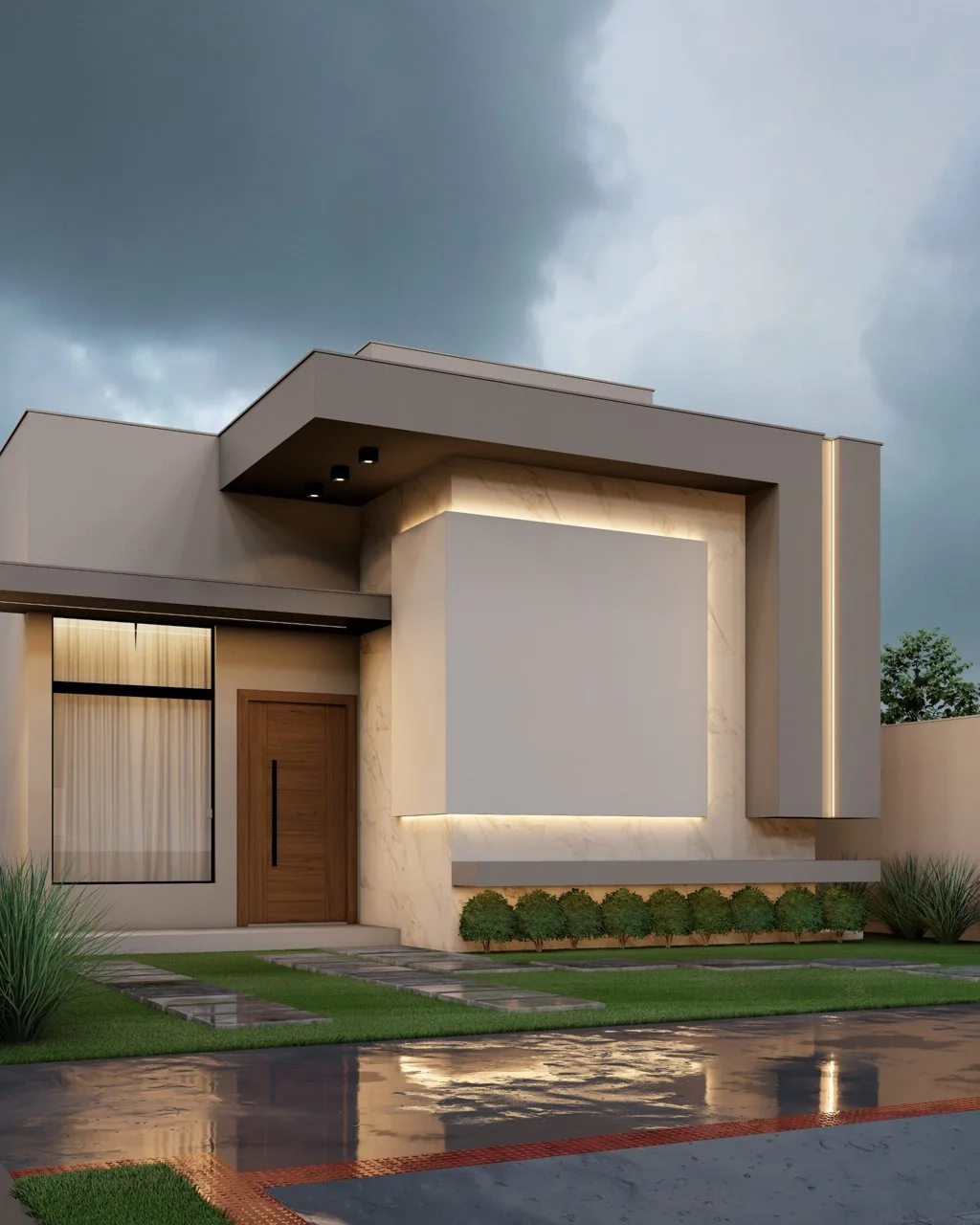 Casa térrea com painel em mármore iluminado por LED, porta de madeira e jardim frontal