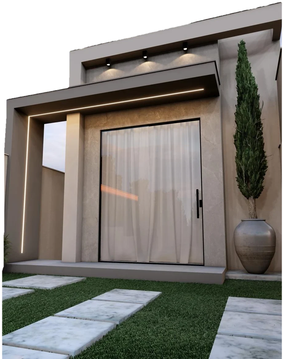 Fachada de casa com porta pivotante de vidro e cipreste em vaso, projeto residencial da EBP Construções